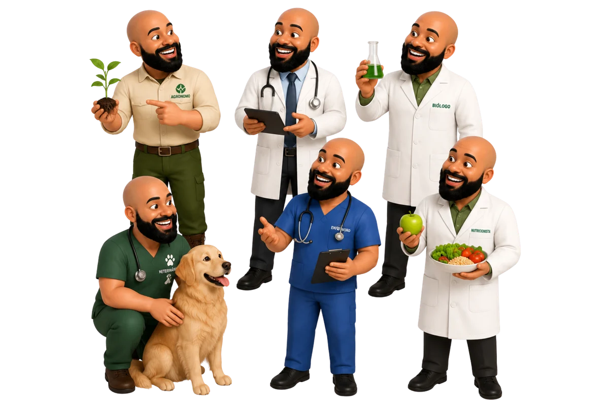 Ilustração de profissionais das áreas agronômica, biológica e da saúde